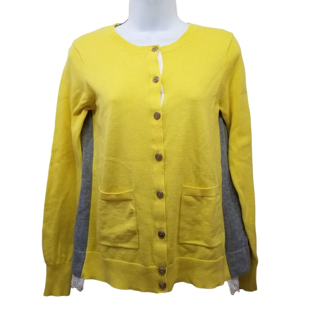 Cabi S BELLE Cardigan‎ Yellow Cream Lace Gray Mixed Knit Sweater Love Carol 3010